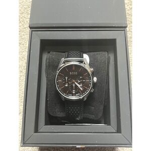 Hugo Boss Watch Chronograph Champion 44mm Black Leather Strap Mens